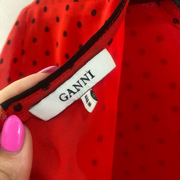 GANNI Mullin Georgette Red Polka Dot Long Sleeve Ruffle Hem Mini Dress Sz 2 - Picture 9 of 16
